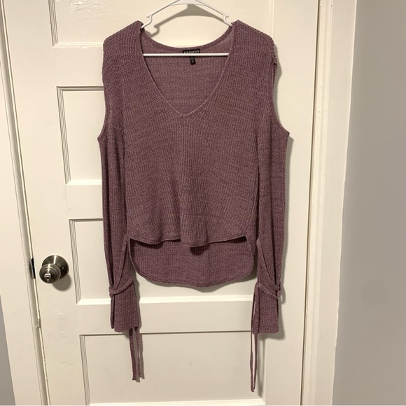 Express Cold Shoulder V-neck Bell Sleeve Sweater, Size XS, Color Purple - Picture 3 of 14